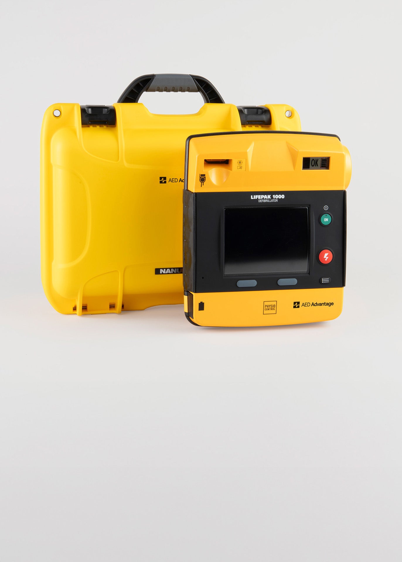 A black and yellow LIFEPAK 1000 AED machine with a bright yellow hard shell carry case