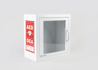 A white metal AED wall mount cabinet with bright red AED decals on either side