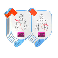 A set of 5 white and blue adult training electrodes for a Defibtech Lifeline AED. 