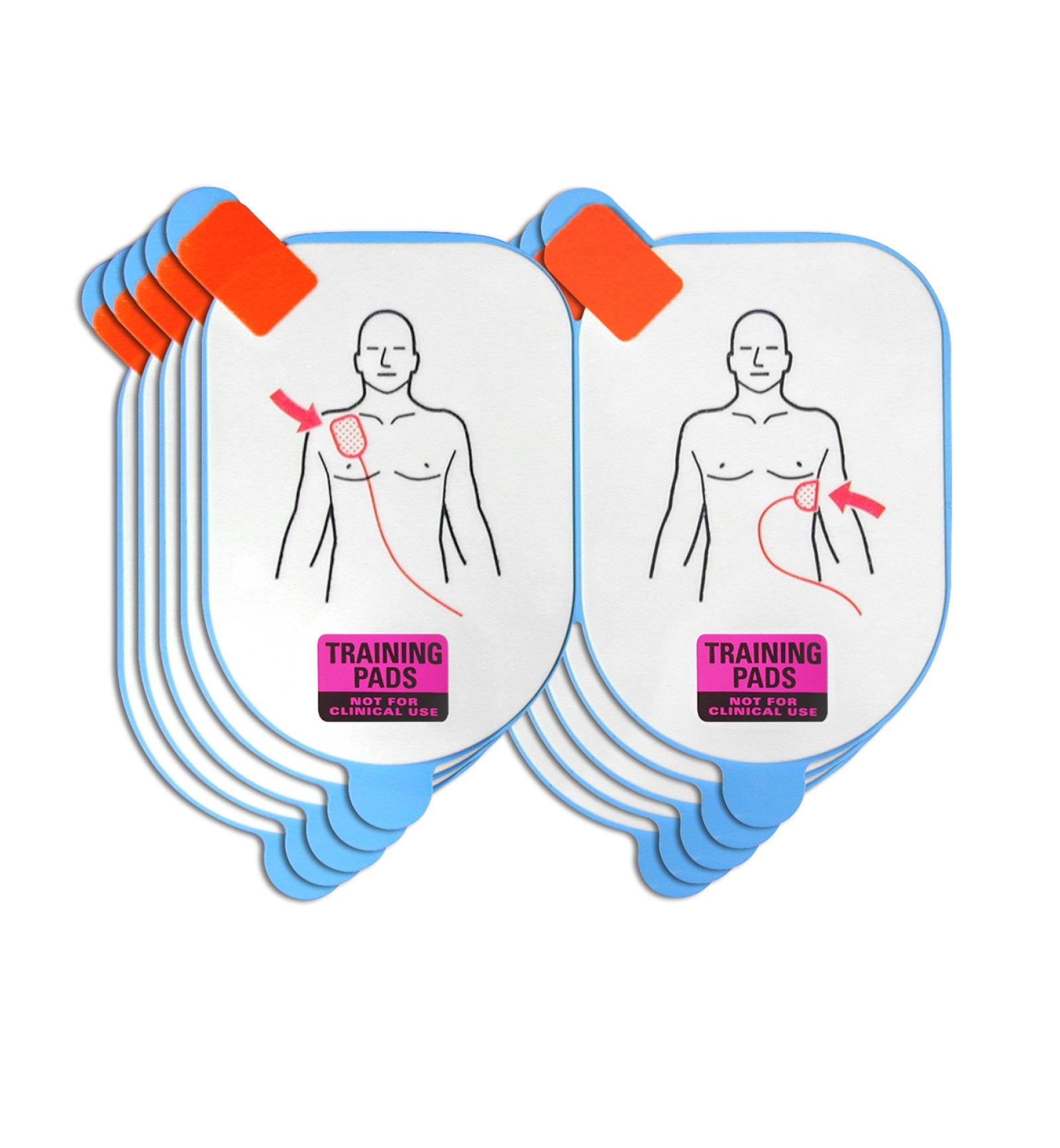 A set of 5 white and blue adult training electrodes for a Defibtech Lifeline AED. 