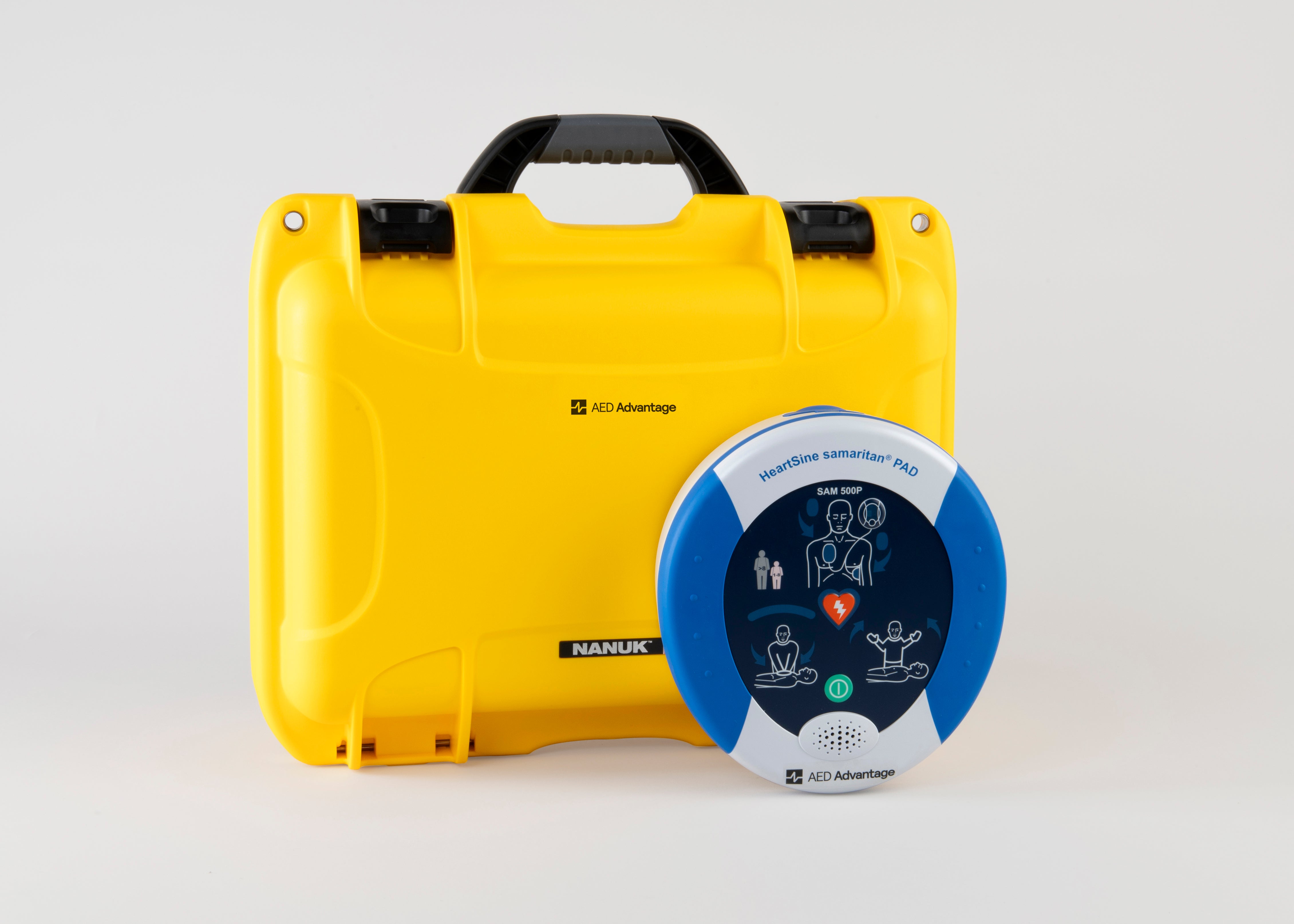 A blue and white HeartSine AED standing next to a bright yellow hardcase
