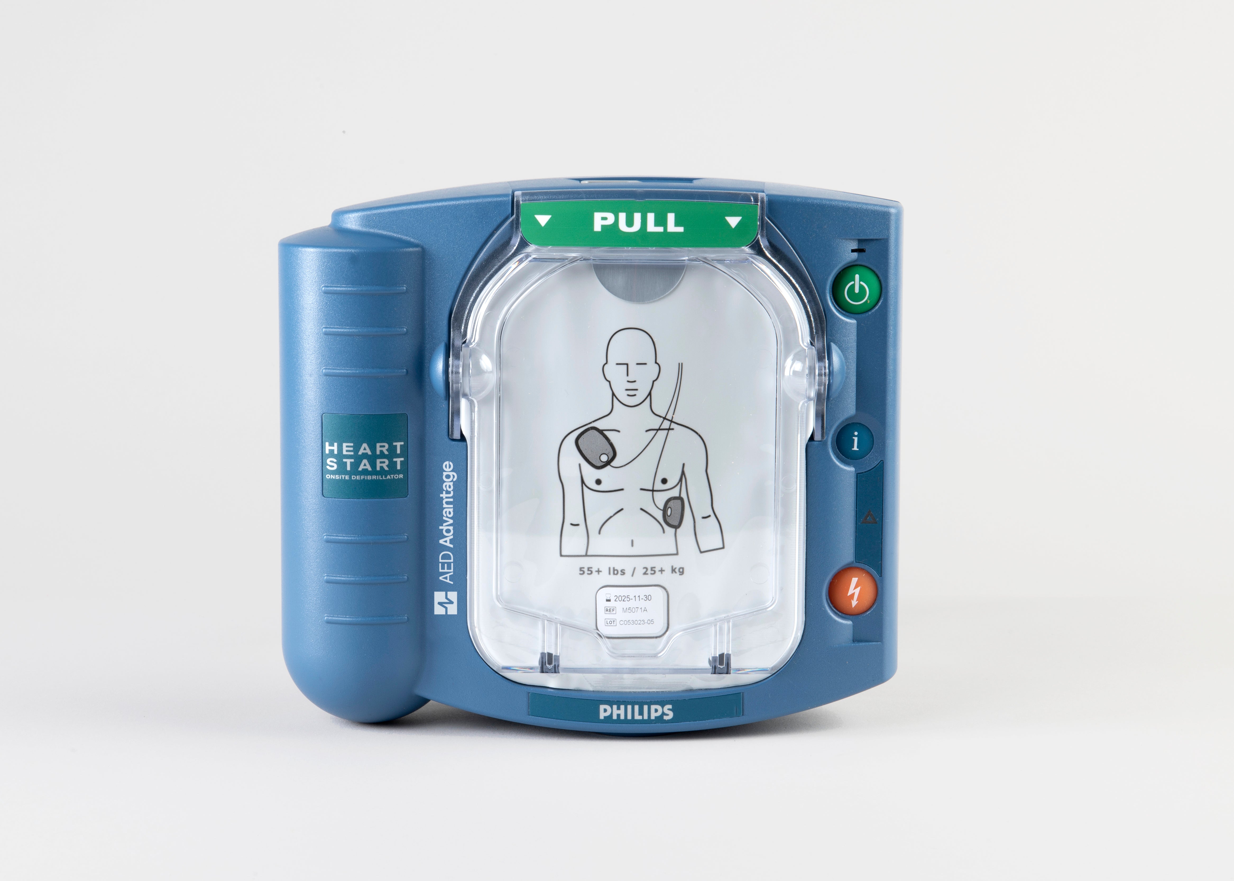 A blue and white philips onsite AED