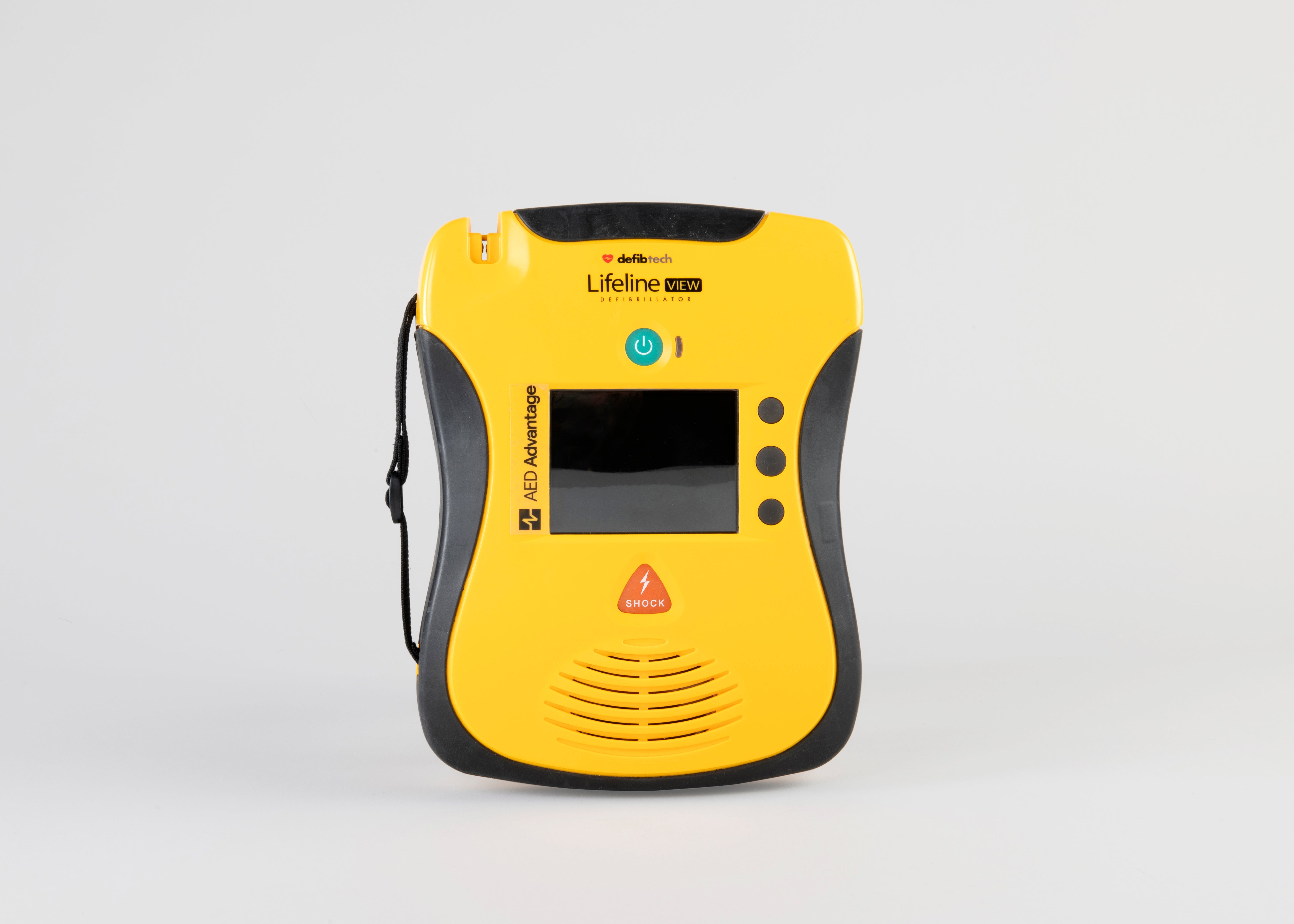A black and yellow Defibtech Lifeline AED