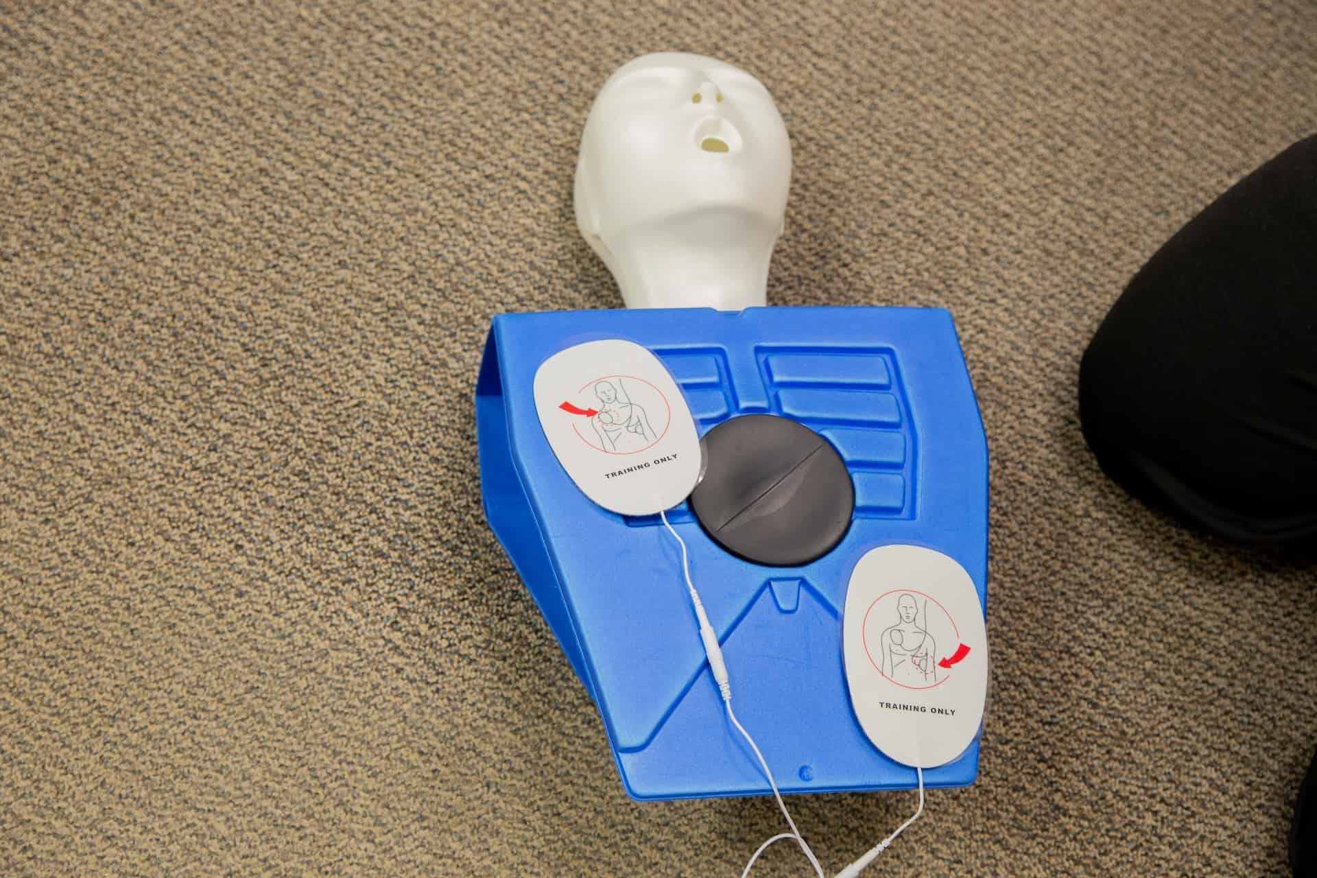 Electrode defibrillation pads applied to a CPR test dummy