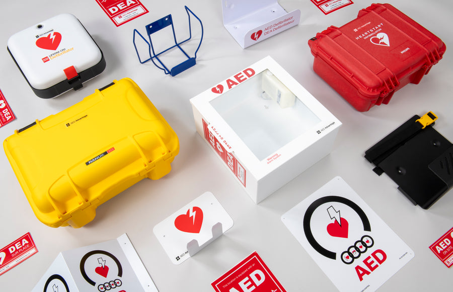 A collage of AED cabinets, cases, brackets and wall signs of various colours