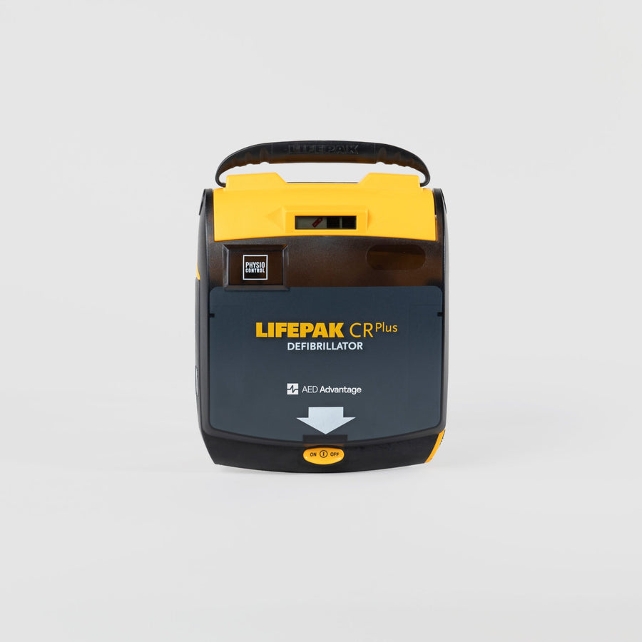 A collage of LIFEPAK AEDs, their batteries, and pads. 