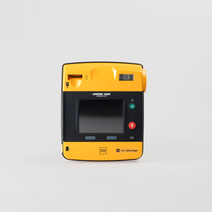 A black and yellow LIFEPAK 1000 AED machine. 