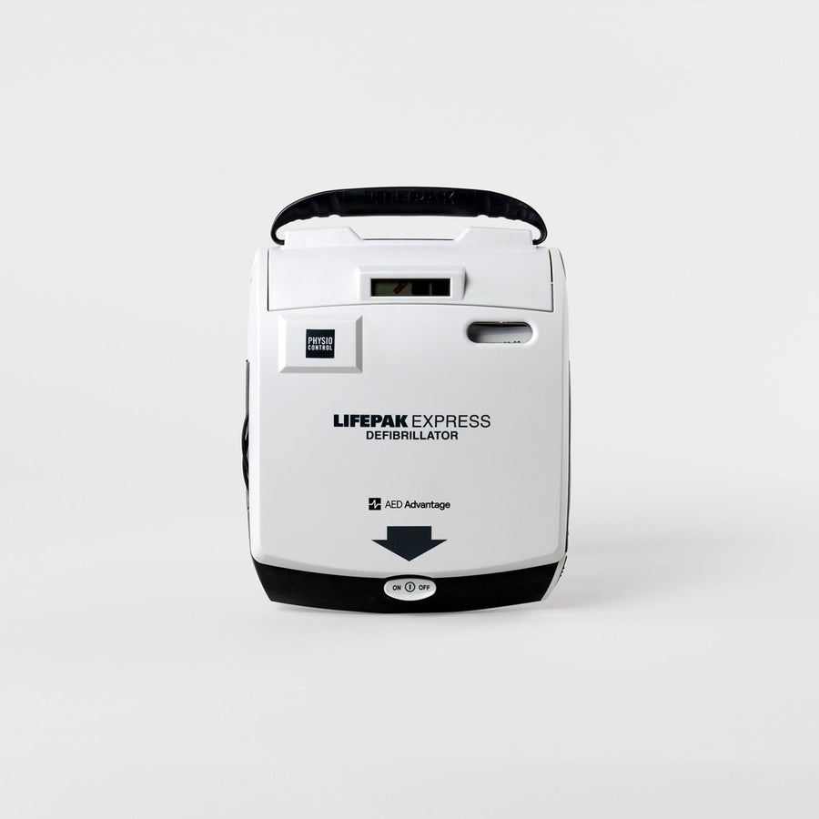 A black and grey LIFEPAK Express AED machine with a black carry handle. 