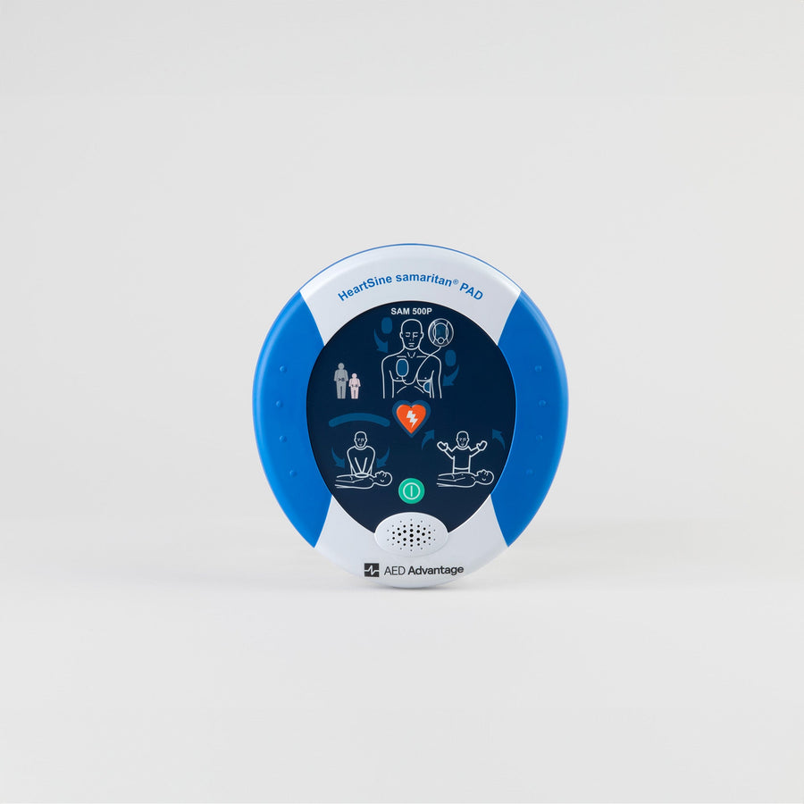 A blue and gray HeartSine 500P AED.