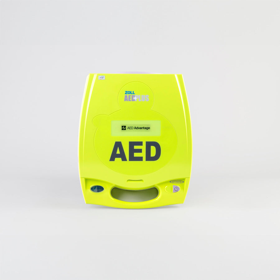 A collage of bright green ZOLL AEDs along with their pads, batteries, and storage