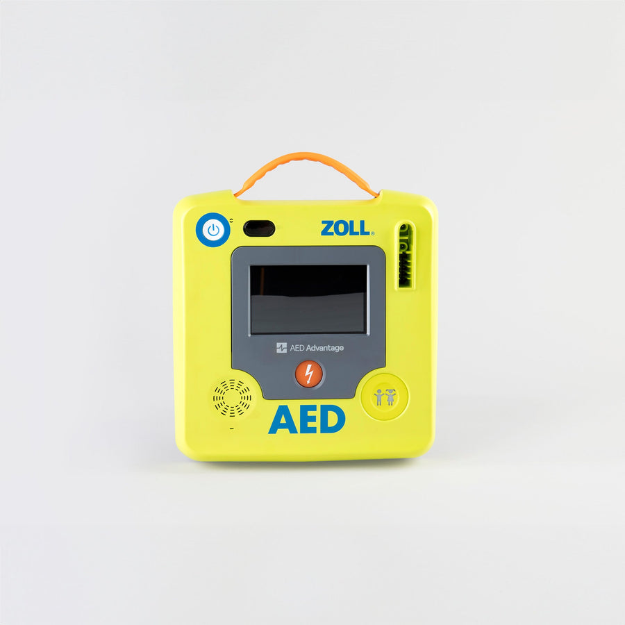A bright green ZOLL AED 3 machine with an orange carry handle. 