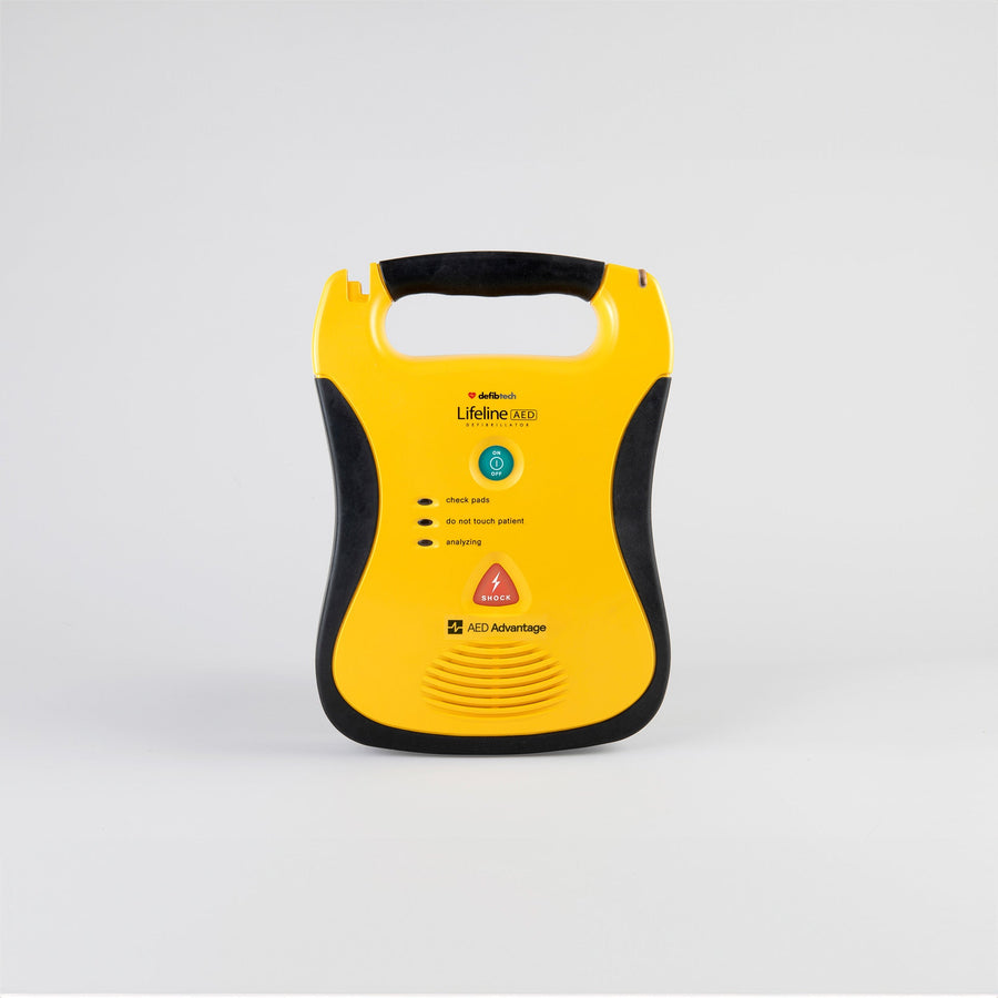 A collage of bright yellow Defibtech Lifeline AEDs and their replacement parts