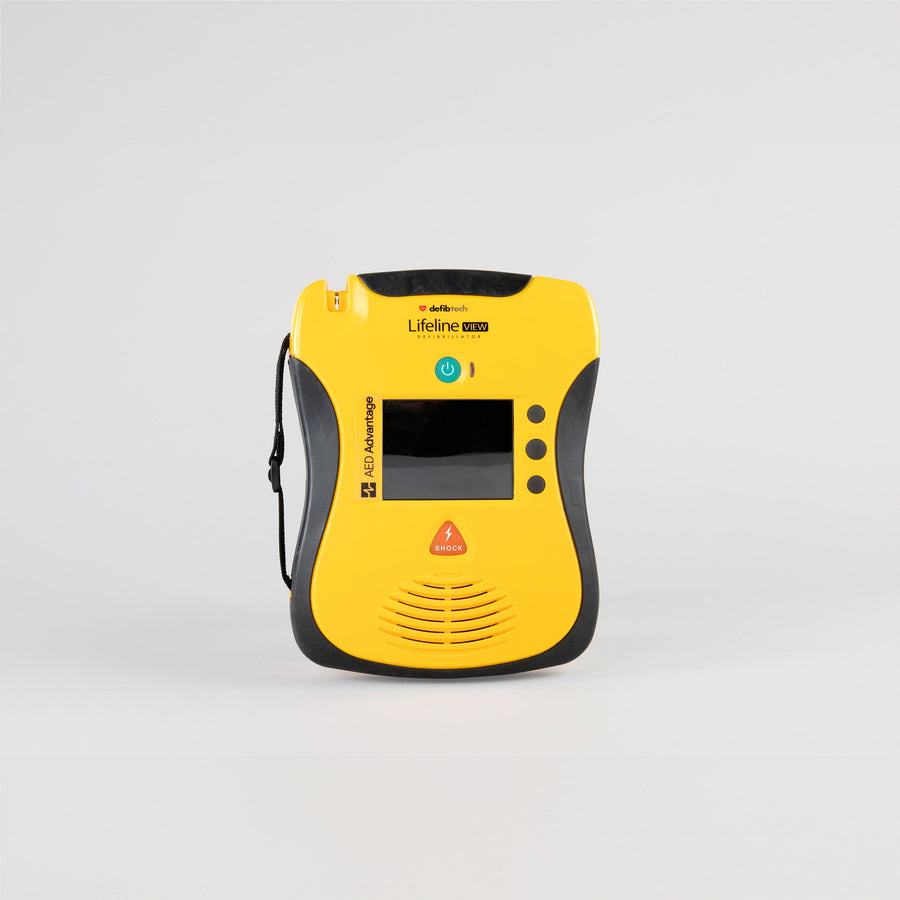 A black and yellow Lifeline VIEW AED with a black carry strap.