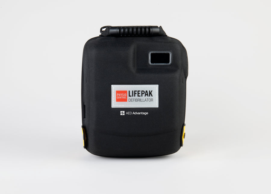 A black rectangular carrying case for the LIFEPAK 1000 AED with a black carry handle
