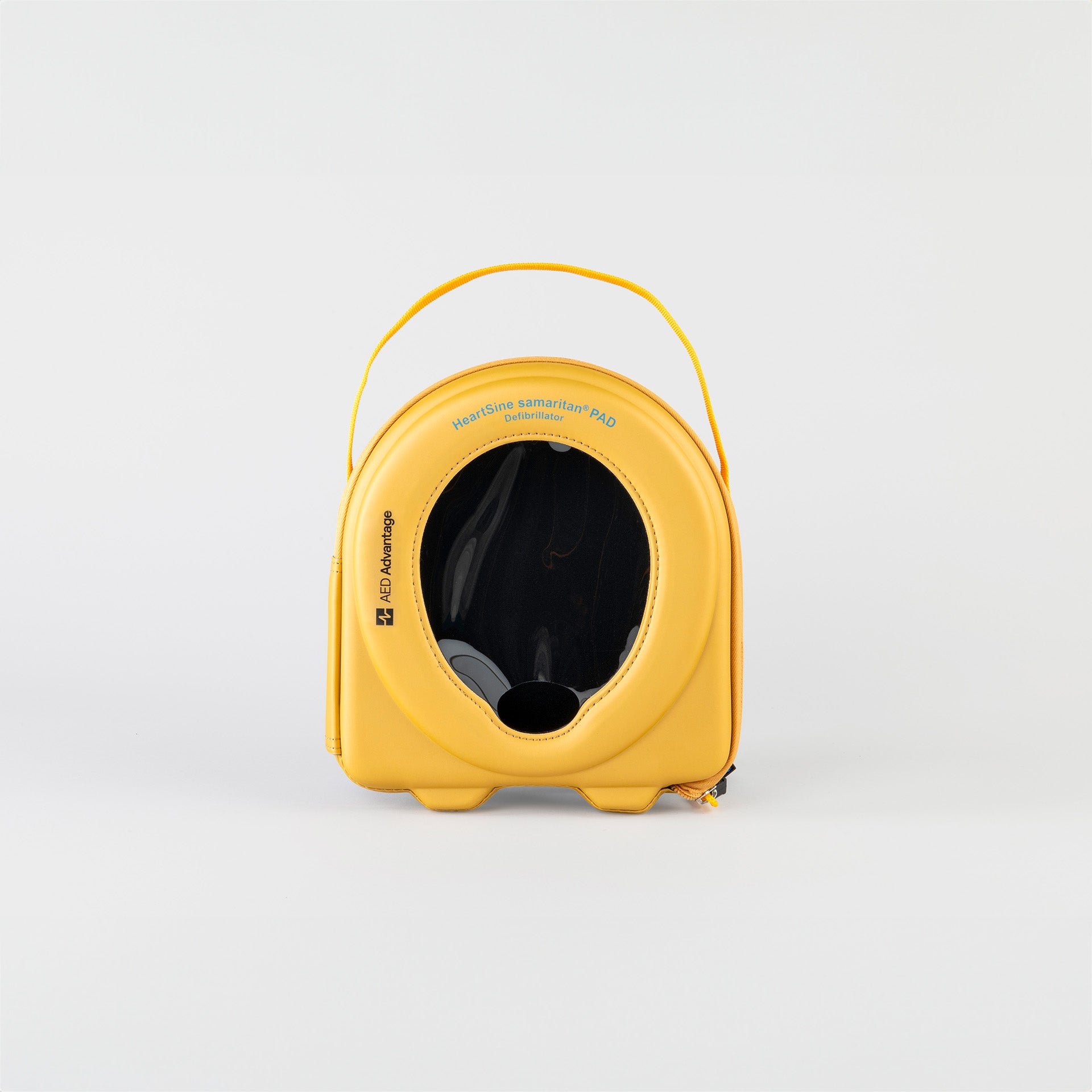 A bright yellow round soft carry case for the HeartSine AED, with a yellow strap carry handle
