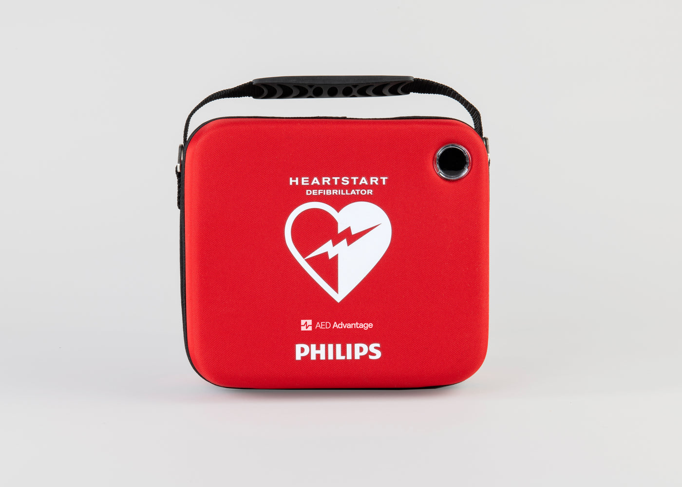 A bright red square-shaped carry case for the Philips OnSite defibrillator