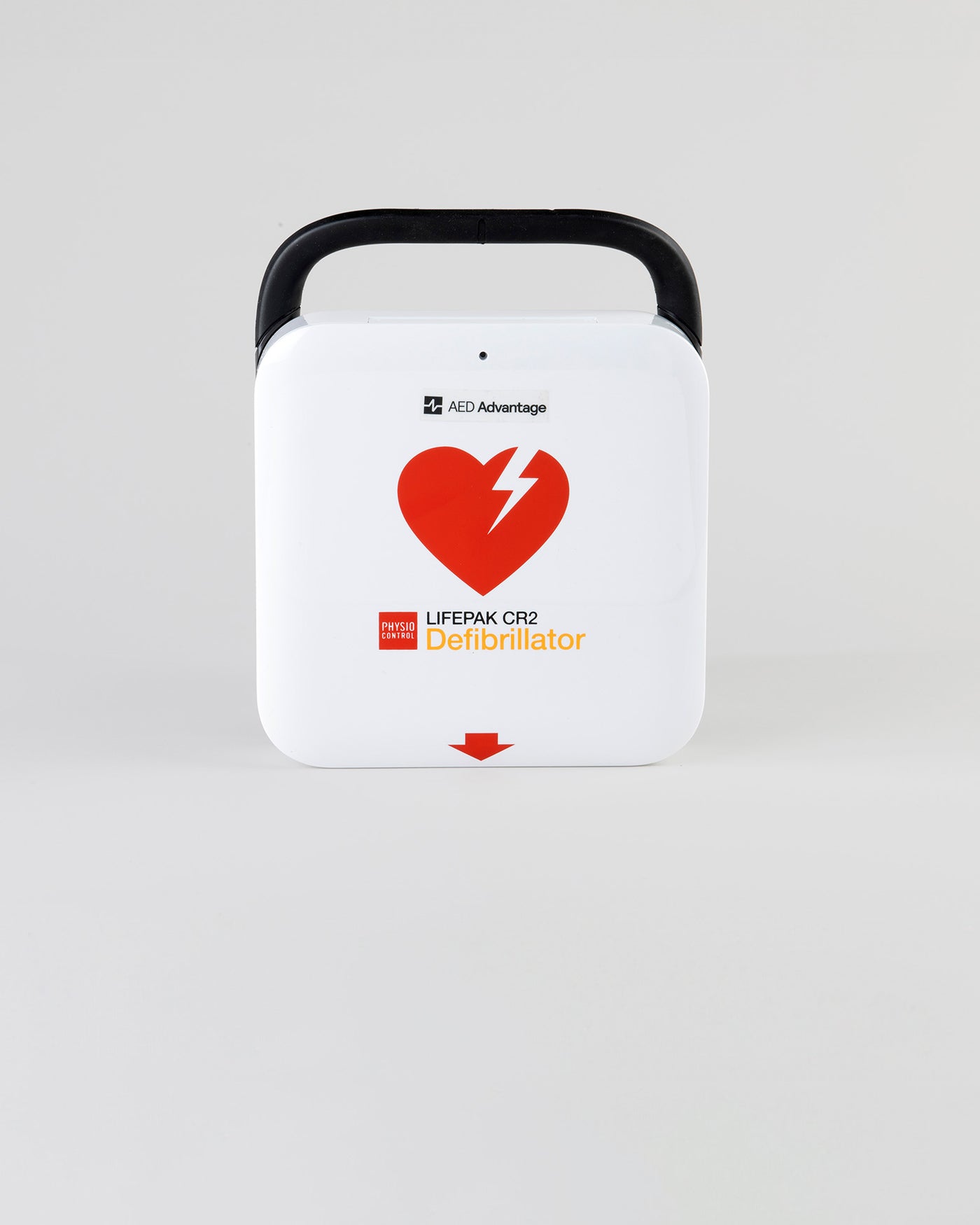 A white and red LIFEPAK CR2 AED with a black carry handle
