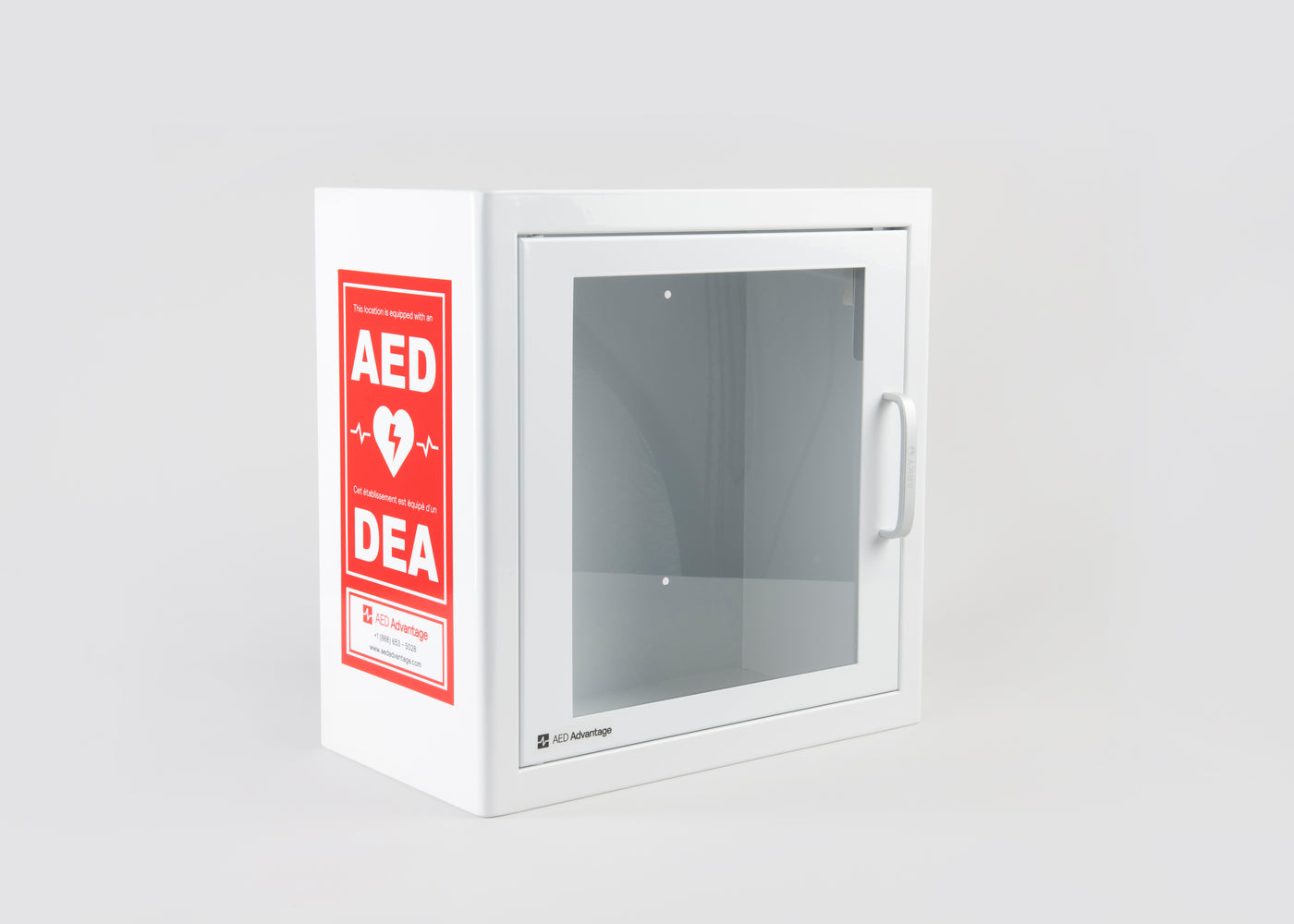 A white metal AED cabinet with red decals