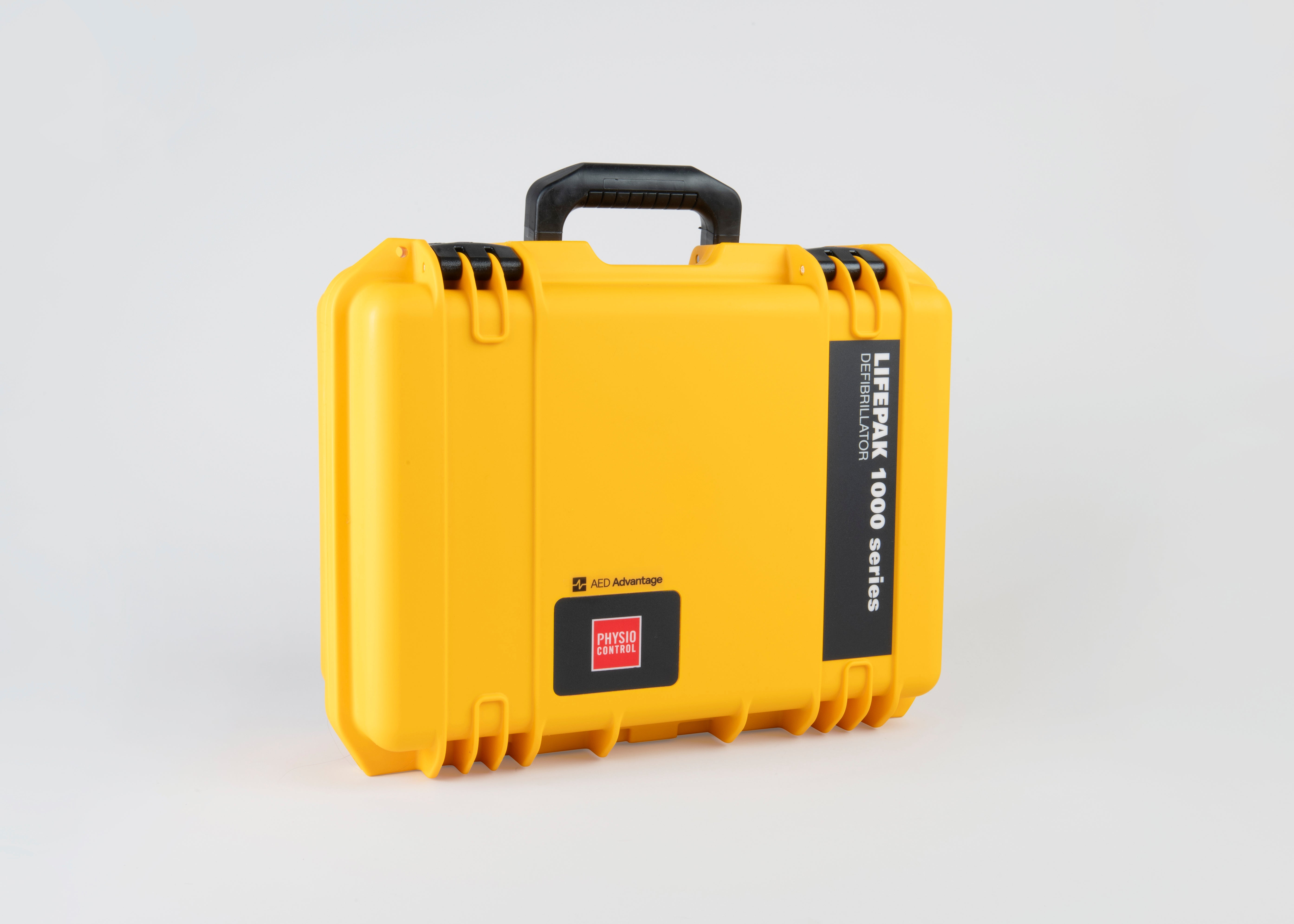 A bright yellow hard carrying case with a black handle meant to securely store and move a LIFEPAK 1000 defibrillator