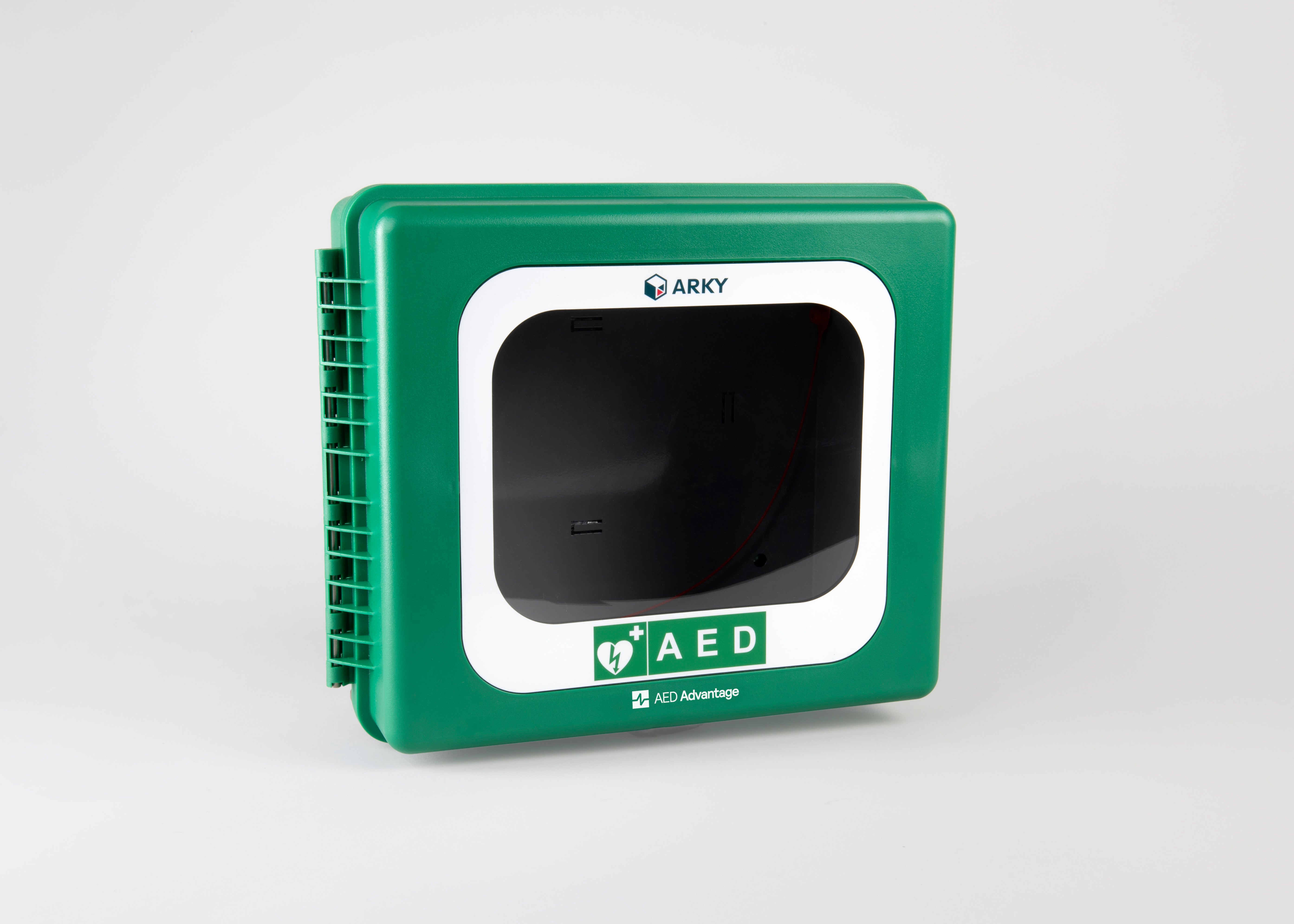 A green and white defibrillator cabinet "AED" written on the front in bold clear text