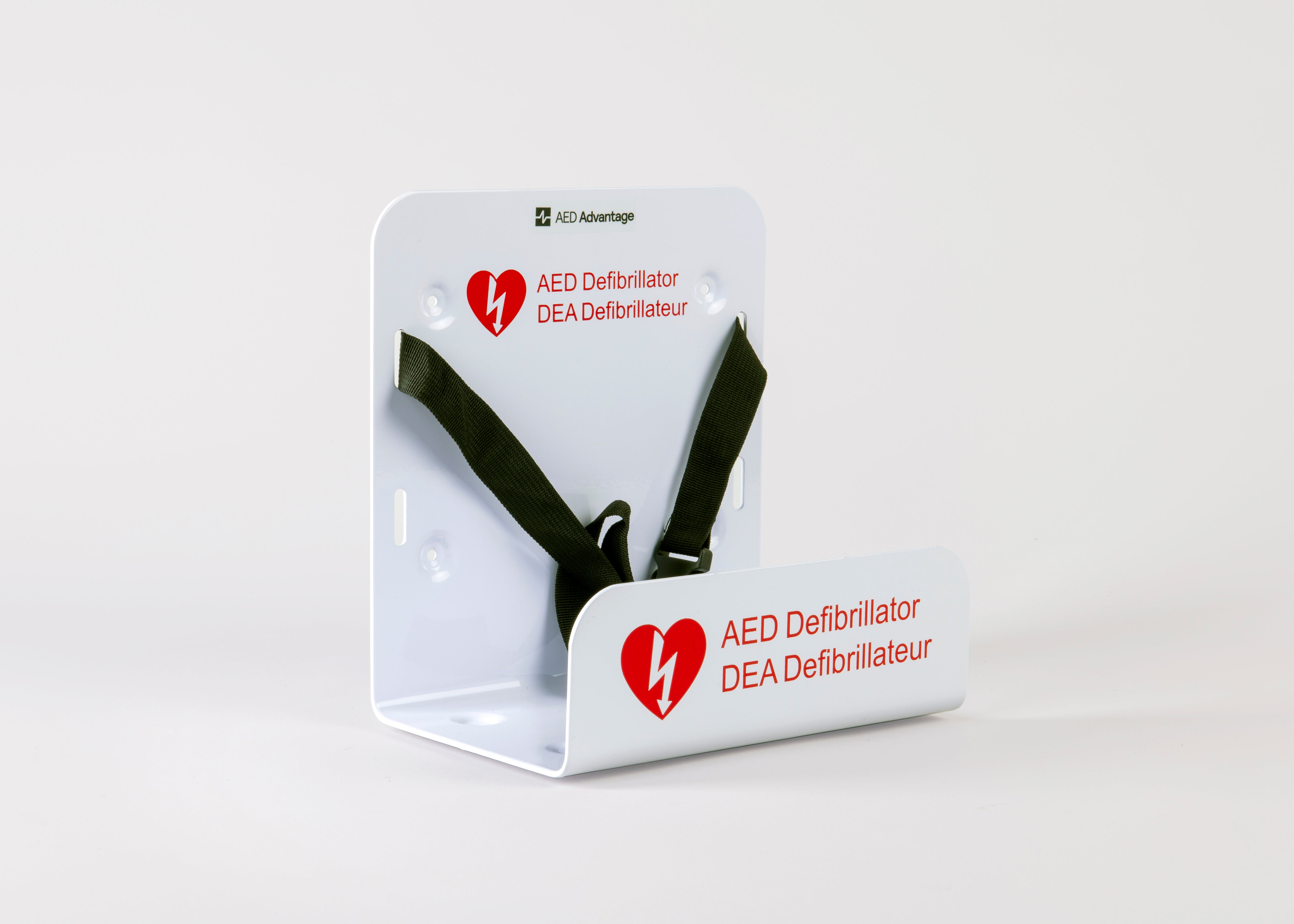A white universal AED wall mount bracket with black straps and red signage