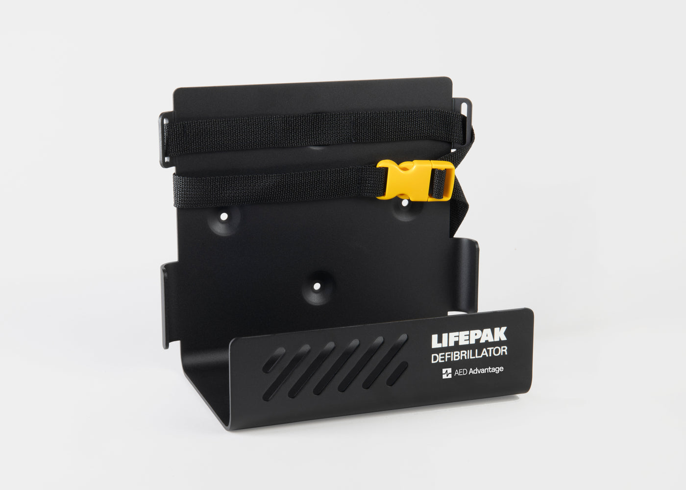 A black metal wall mount bracket with straps to secure a LIFEPAK 1000 AED