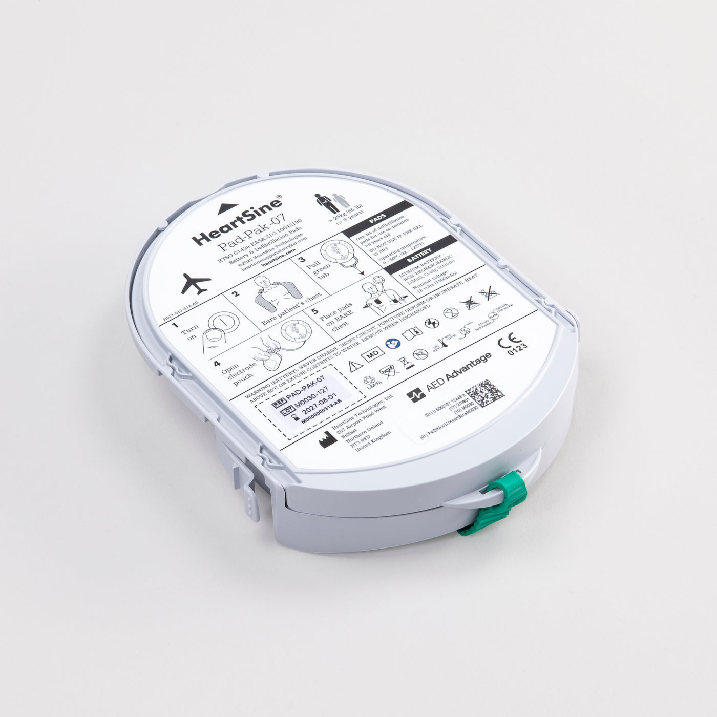 White adult aviation pads and battery cartridge for the HeartSine defibrillator