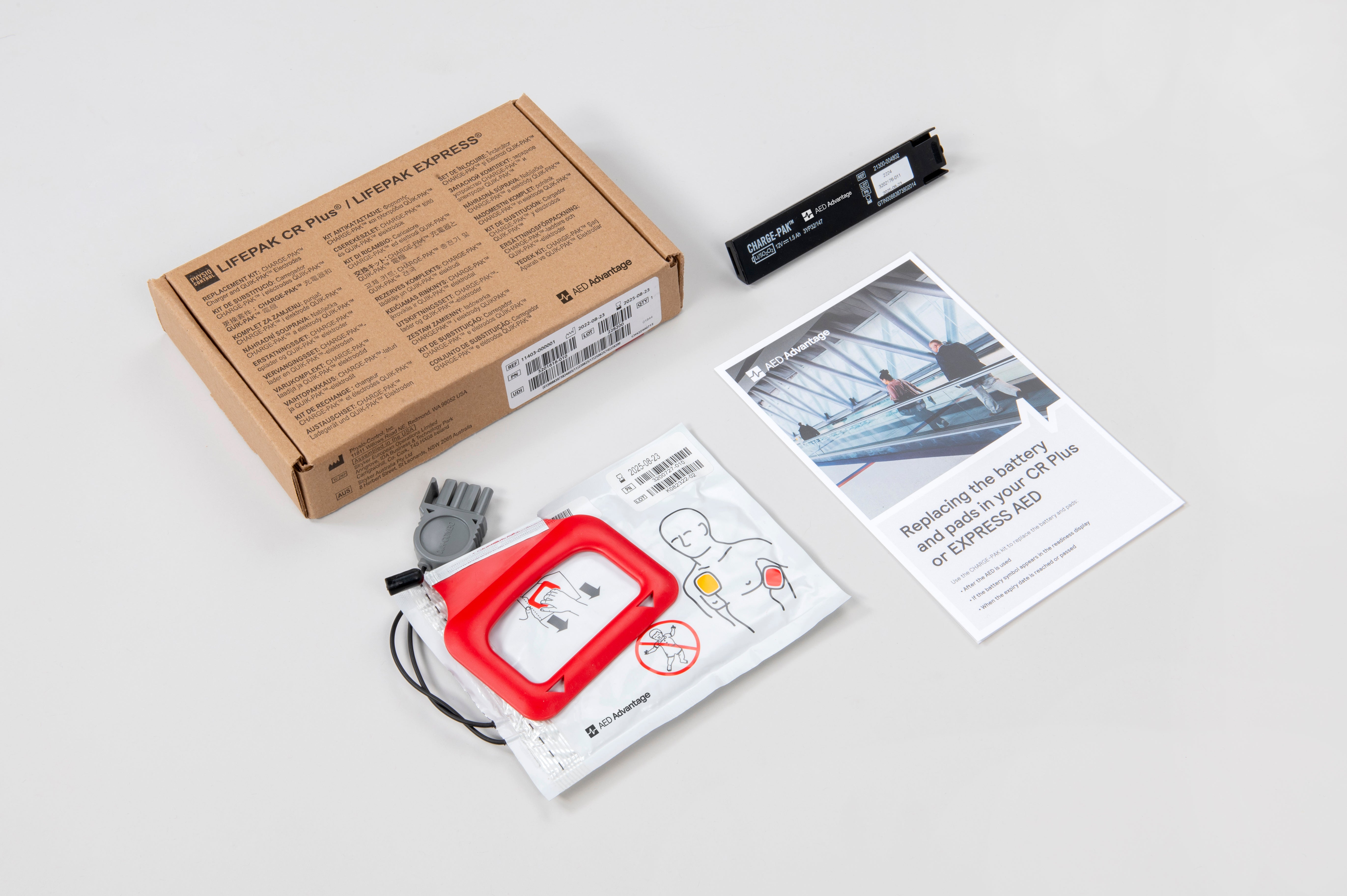 A set of electrodes, and a battery pack, and instructions for a CR Plus defibrillator