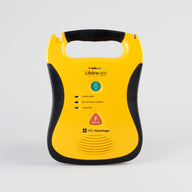 A black and yellow Defibtech Lifeline AED displayed head on with a gray background 