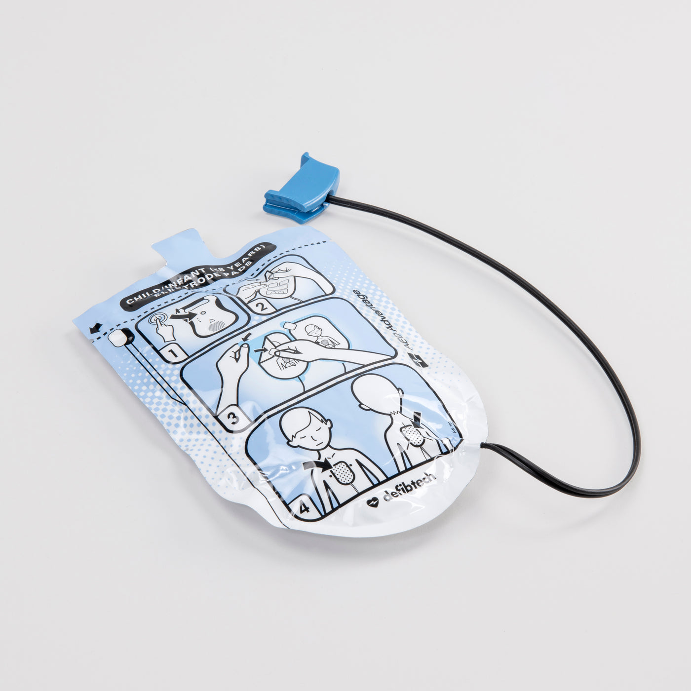 A set of pediatric Defibtech Lifeline electrodes encased in their blue foil wrap with a black connector cord