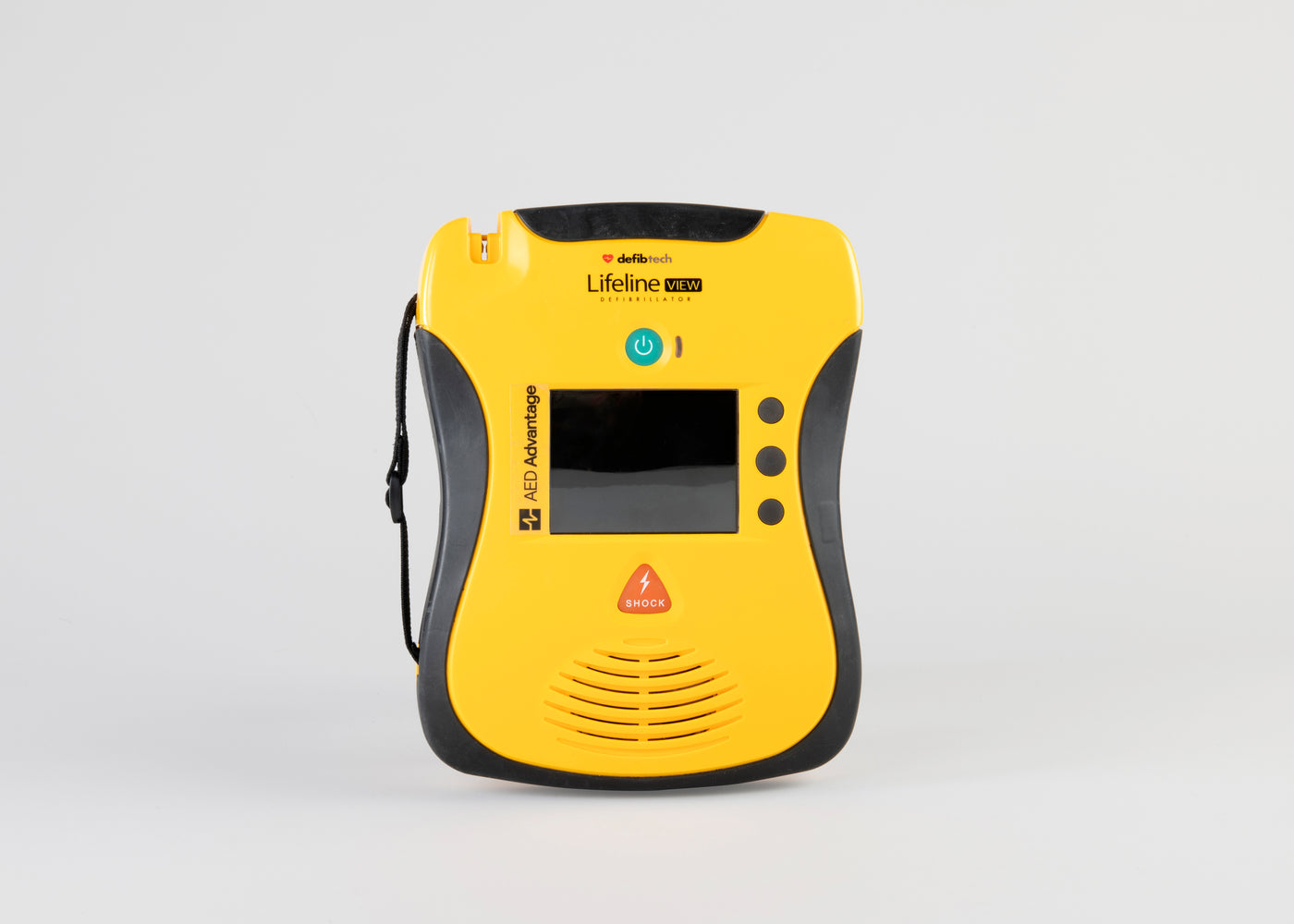 A black and yellow Defibtech Lifeline VIEW AED displayed head on with its battery pack and electrodes. 