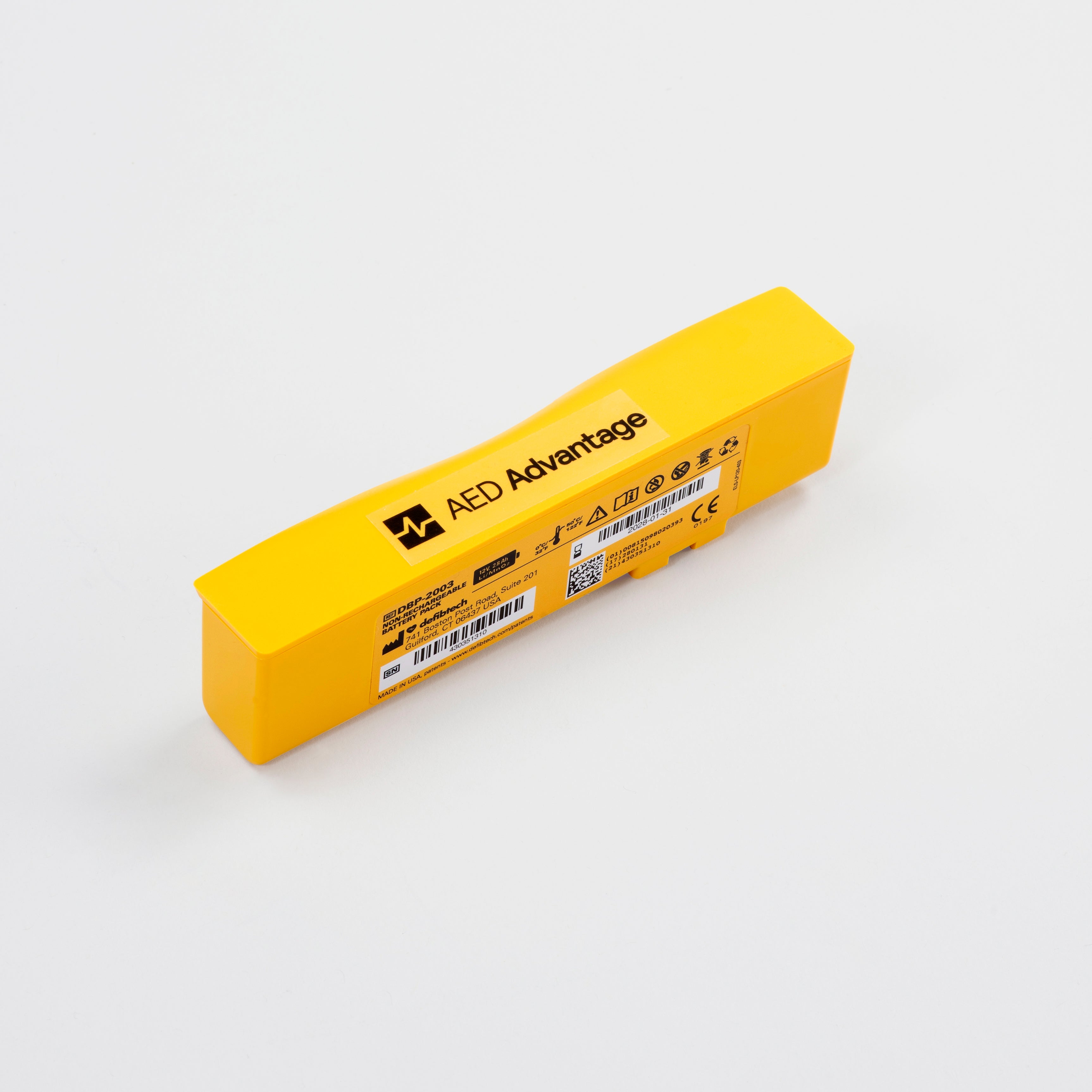 A small yellow rectangular Defibtech Lifeline VIEW AED battery pack
