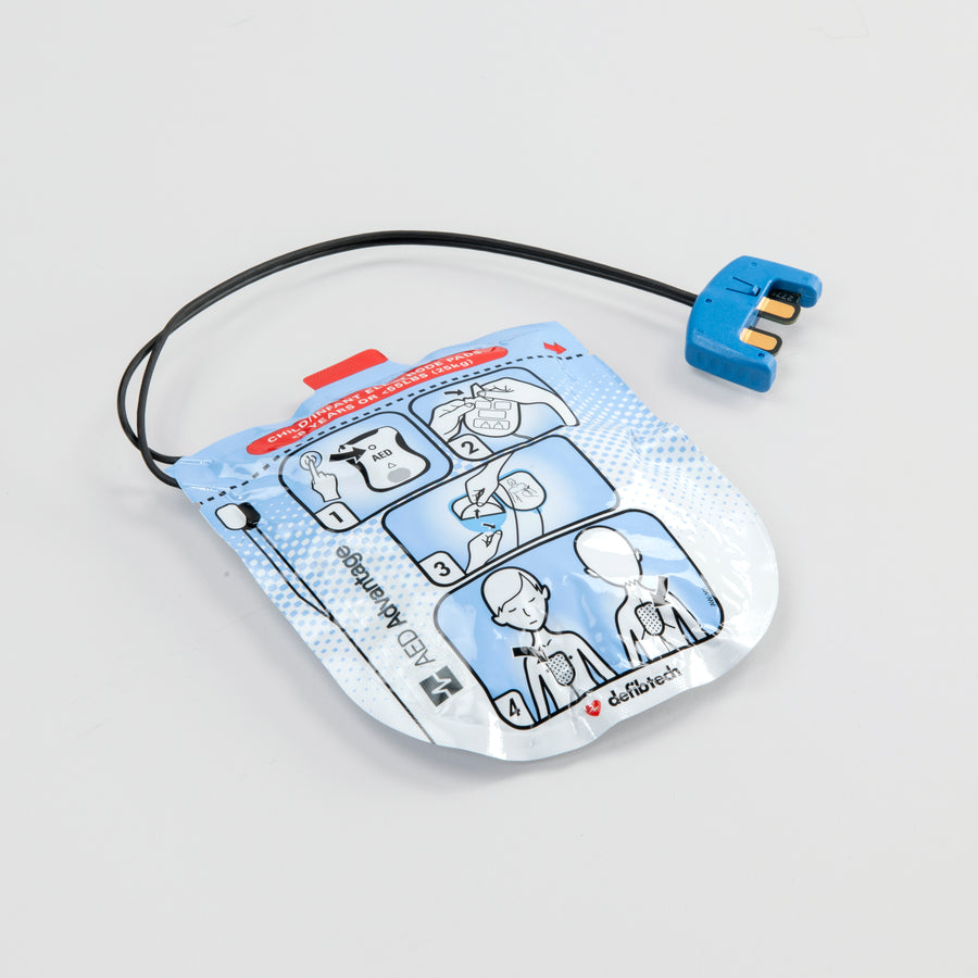 A set of pediatric Defibtech Lifeline VIEW AED electrodes encased in their blue foil wrap with a black connector cord