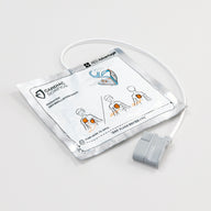 A white square foil package containing pediatric electrodes for the Powerheart G5 defibrillator