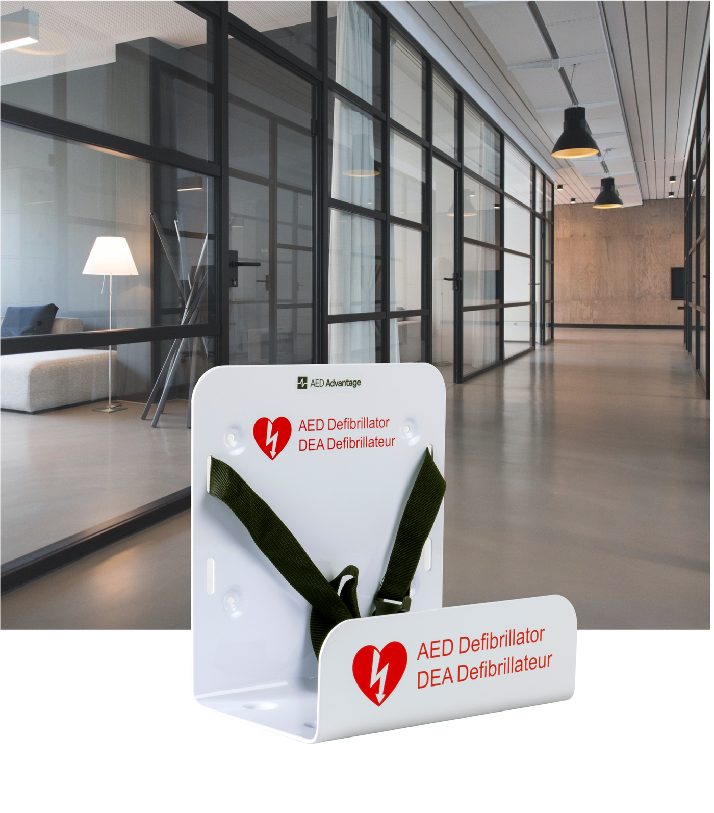 An image of an office hallway with a white and red AED wall bracket 