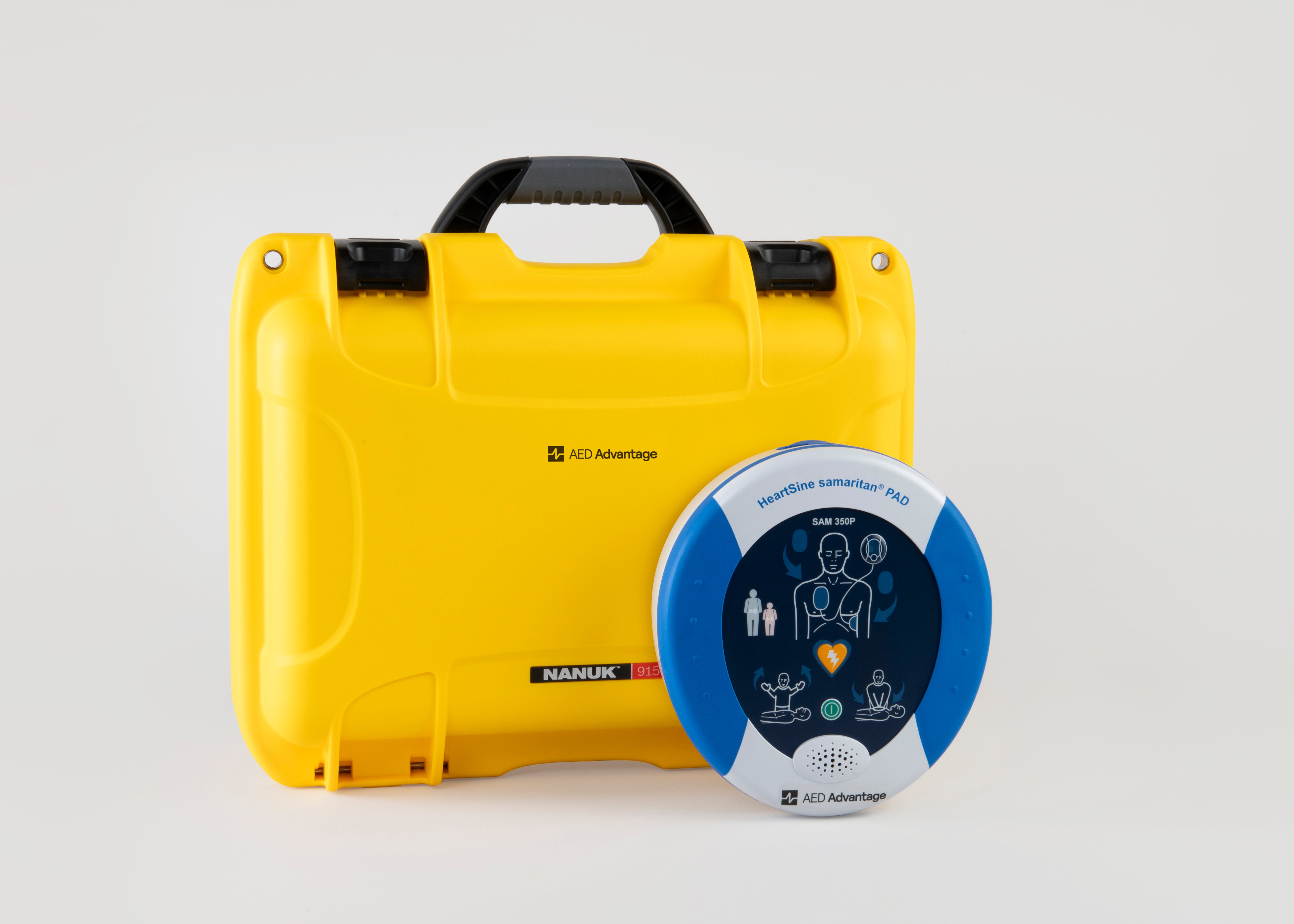A blue and gray HeartSine 350P AED standing next to a bright yellow hardshell carry case