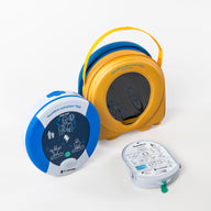 A blue and gray HeartSine 360P AED with its yellow carry case and pads cartridge