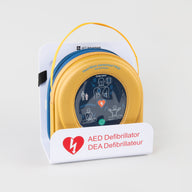 A HeartSine 500P AED in its yellow carry case displayed in a white wall mount bracket