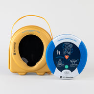 A blue and gray HeartSine 500P AED standing next to its yellow softshell carry case