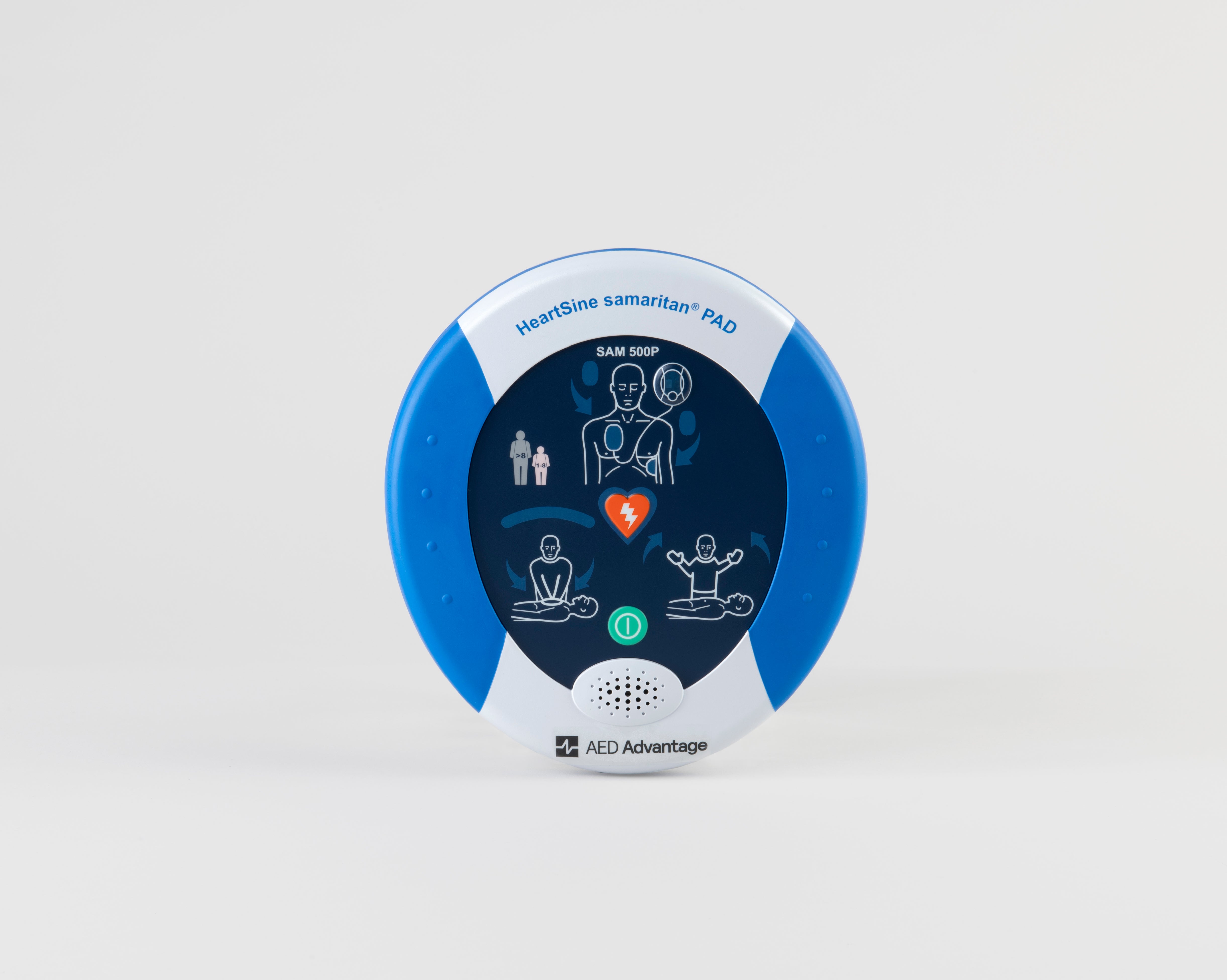 A blue and gray HeartSine 500P AED machine