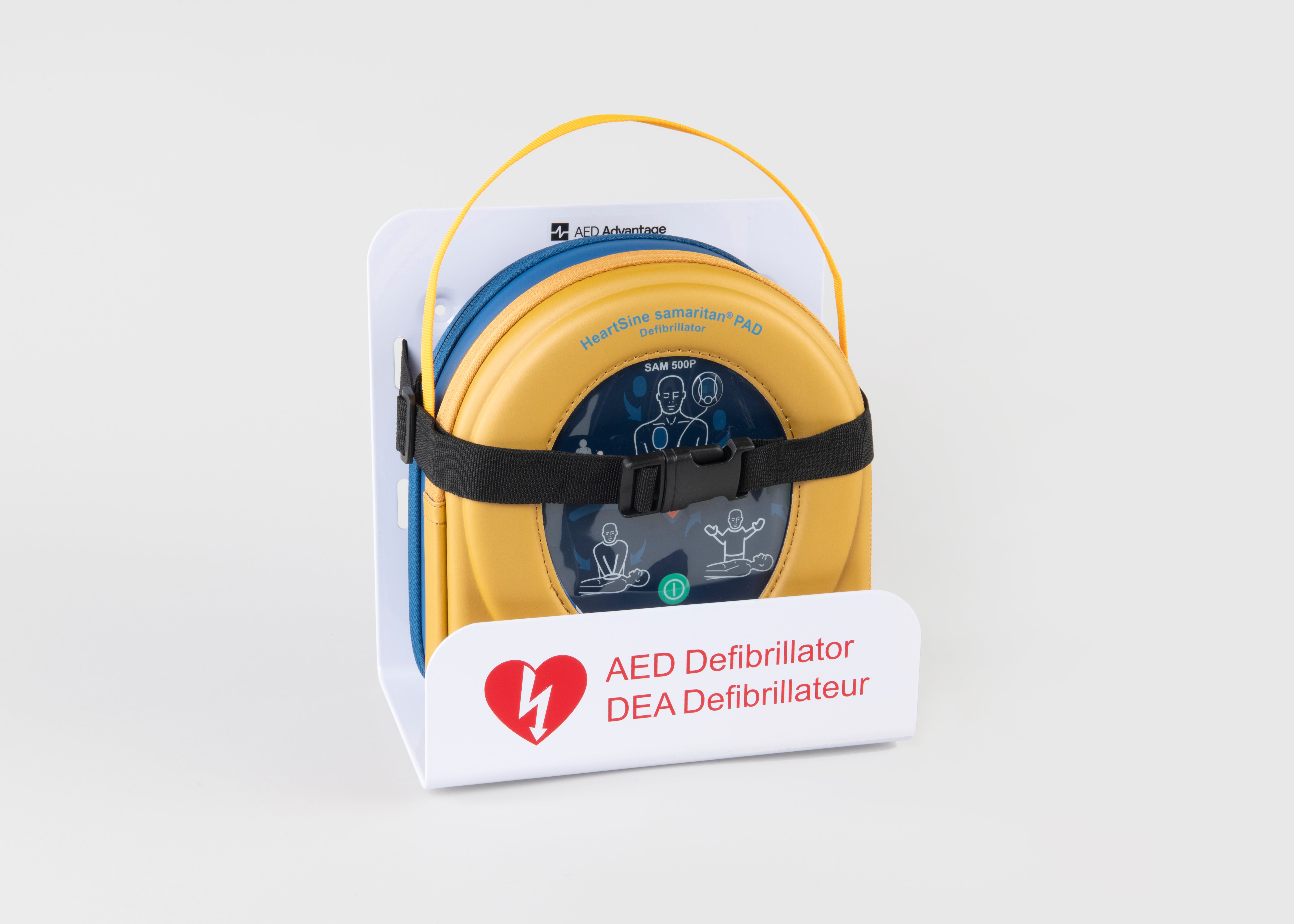 A HeartSine 500P AED in its yellow carry case strapped into a white wall mount bracket