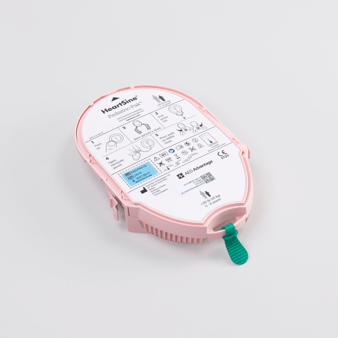 Pink pediatric pads and battery cartridge for the HeartSine defibrillator