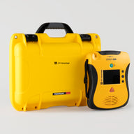 A yellow and black Defibtech Lifeline VIEW AED with a bright yellow hardshell carry case