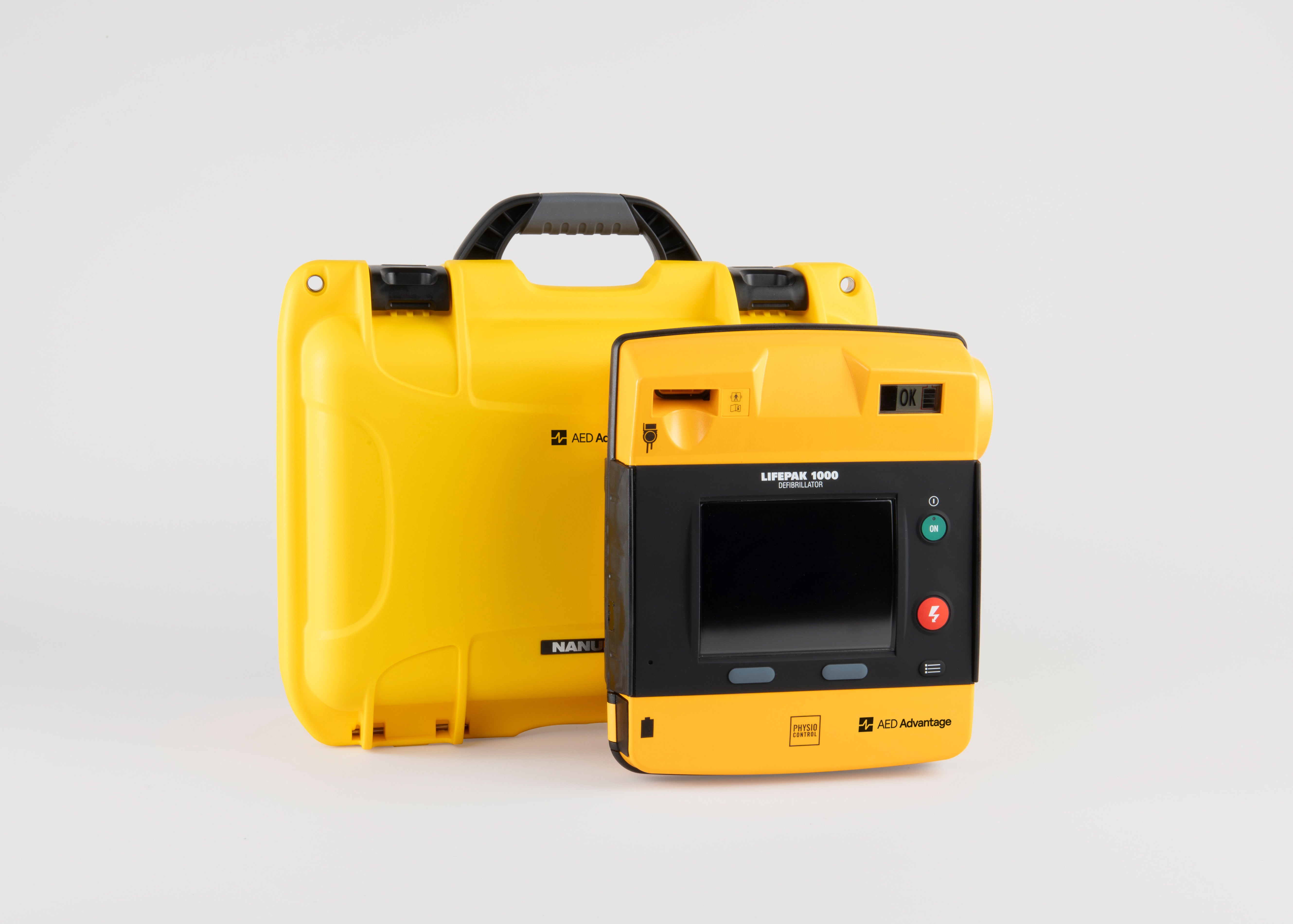A black and yellow LIFEPAK 1000 AED machine with a bright yellow hardshell carry case