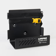 A black metal wall mount LIFEPAK 1000 AED bracket with a strap