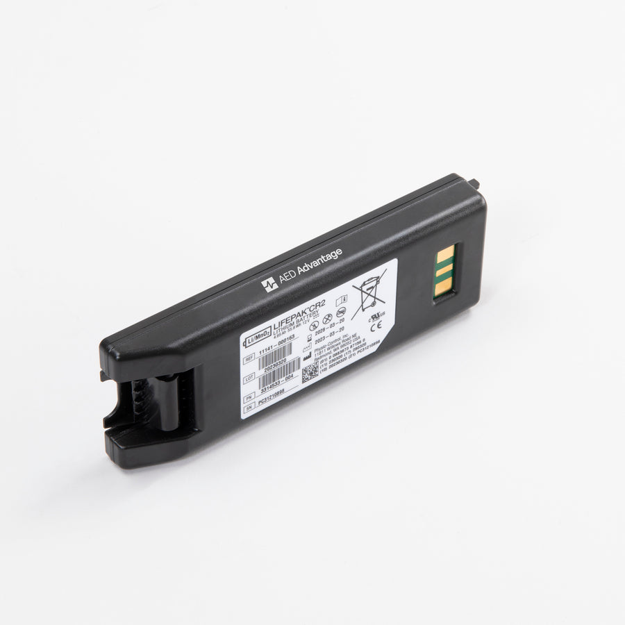 A black and white rectangular battery for the LIFEPAK CR2 defibrillator