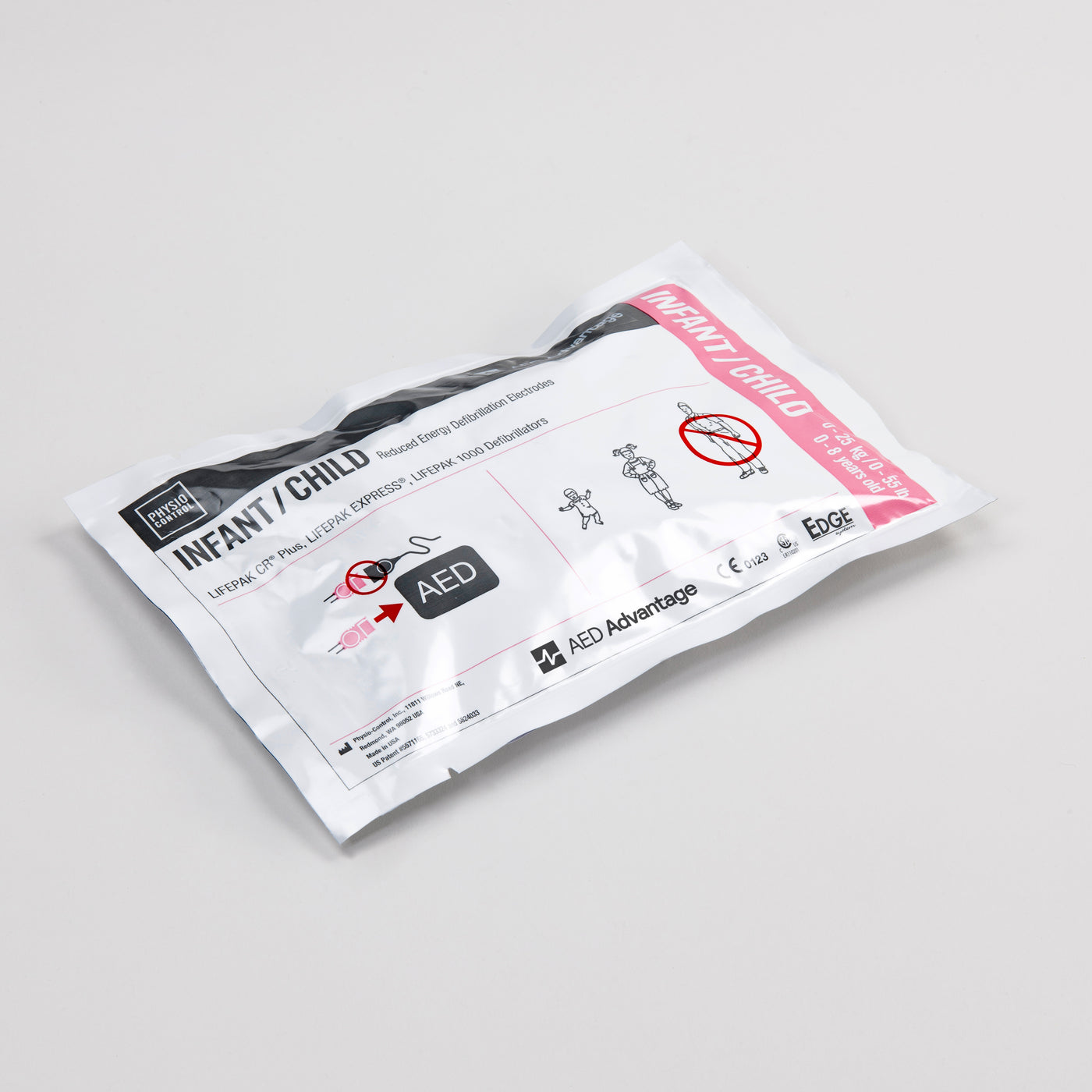 A white rectangular foil package containing pediatric pads for the LIFEPAK CR2 defibrillator