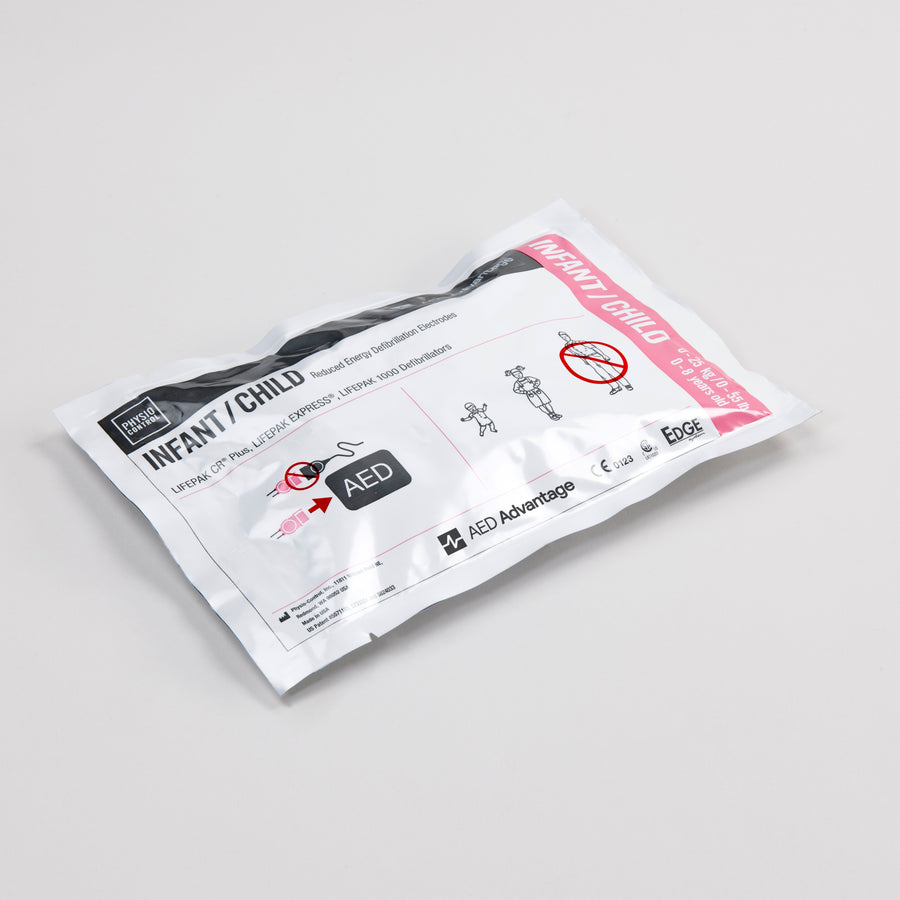 A white rectangular foil package containing pediatric pads for the LIFEPAK CR2 defibrillator