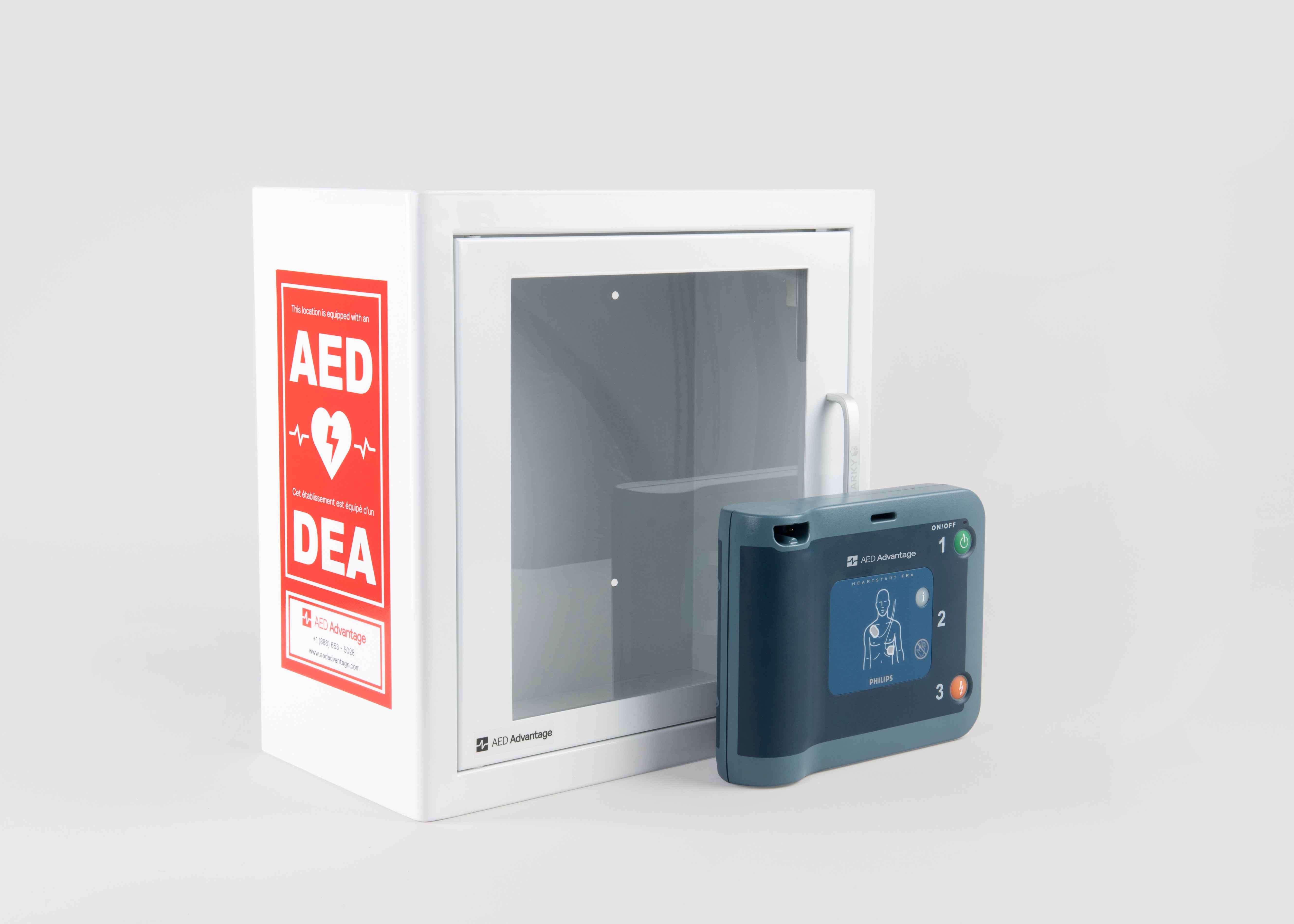 A blue Philips FRx AED standing in front of a white metal cabinet with red decals