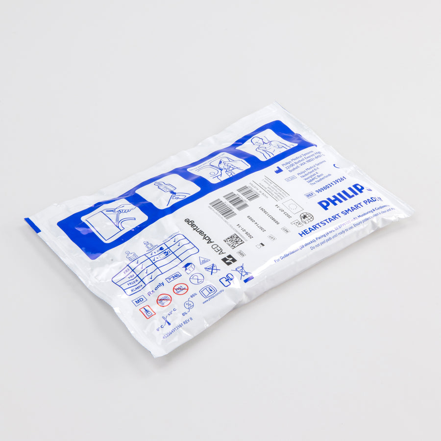A white rectangular foil package containing electrodes for the Philips FRx defibrillator
